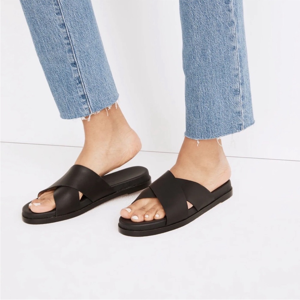 Madewell The Louisa Criss Cross Slides Black Leather Size 7 EUC